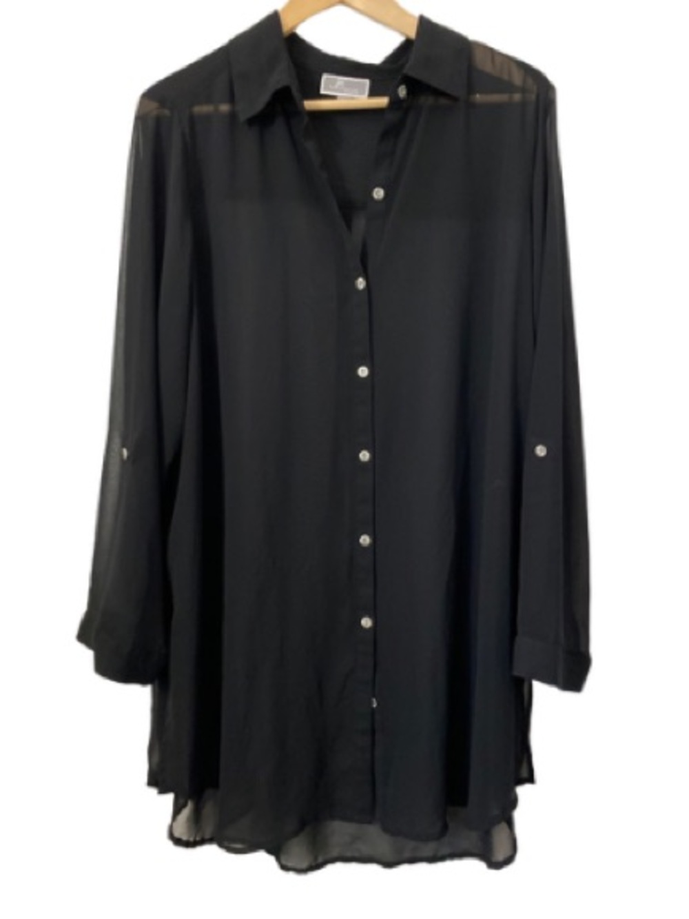 JM Collection Black Sheer Longline Button-Up Tunic